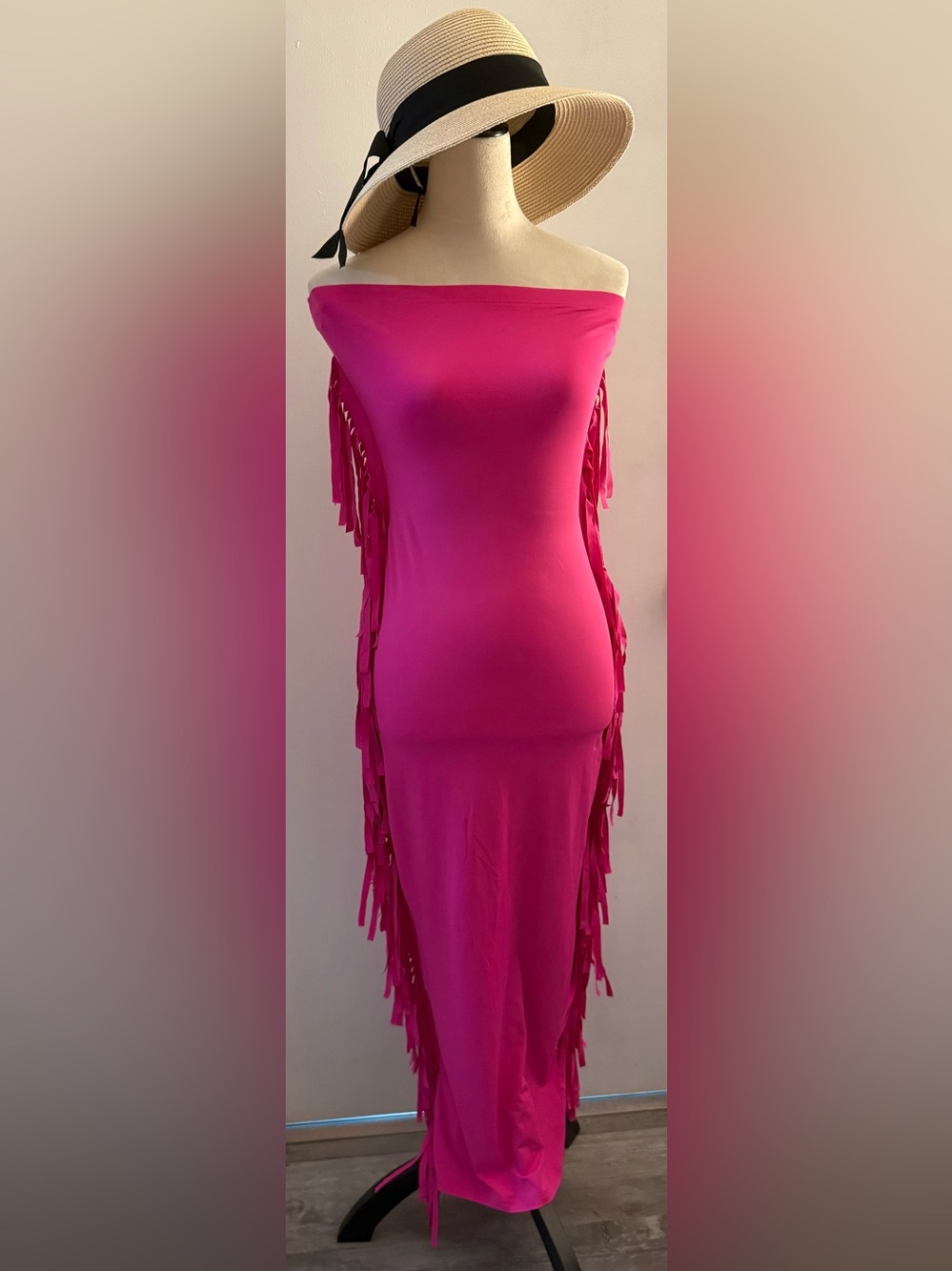 Daisy One-Shoulder Fringe Maxi Dress in Hot Pink